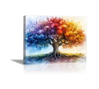 JOSUE Peinture Sur Toile Arbre De Vie Paysages Colorés Grand Format, Orange, Bleu - Tableau Chambre Enfant Decoratifs Muraux Salon Décor - 50x70cm Encadrée