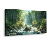 JOSUE Tenture Murale ForêT Rivière Forest Tableau Peinture Sur Toile,Vert, gris Peinture Image Tableau Salon DéCoration Murale-60x120cm Encadrée