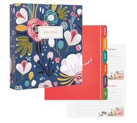 Jot & Mark Organiseur de recettes à 3 anneaux (jardin floral) | 50 cartes de recettes de 10 x 15 cm, intercalaires arc-en-ciel et protège-pages en plastique