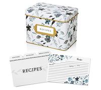 Jot & Mark Recette Card Boîte Cadeau complète | Boîte décorative en étain, Cartes de Recettes, intercalaires d'index (14 intercalaires, 50 Cartes de 15 x 15 cm, 1 boîte) Indigo Floral