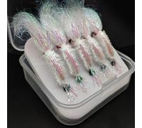Jotekonoby Lot de 5 leurres de pêche en soie pour crevettes glacées Ca 3D réfléchissant Plus Yeux Ice Fly Elite Crochets en acier carbone pour truite, saumon, bar avec sébaste (6)