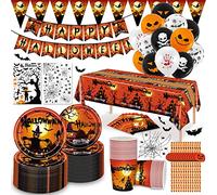 JOTOL Lot de Vaisselle d’Halloween,180pcs Vaisselle de fête d'Halloween,Assiettes en Papier à Thème d’Halloween Comprend Bannière Suspendue,Nappe,Assiettes,Tasses,Halloween Eve
