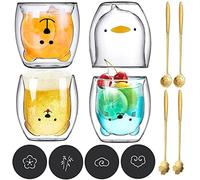 JOTOL Tasses à Expresso en Verre,4pcs Verres à double paroi +Cuillères et Dessous de Verre,Verre à Café/Thé,Tasses en Verre Doublé-Motif Dessin Animé Mignon-pour Cadeau d'anniversaire