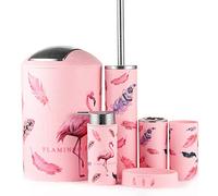 JOTOM Conception Moderne d'un Ensemble de 6 Pièces Accessoires de Salle de Bains en Plastique Set de Savon émulsion Boîte à Dents Tasse de Toilette Poubelle (Flamants Roses)