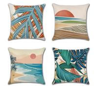 JOTOM Extérieur Housses de Coussin 45x45 cm Lot de 4 Housse Coussin Extérieur Imperméable Lin Coussin Canapé Decoratif Taie d'oreiller pour Patio Jardin Chambre Canapé Chaise Lit (Plante d'été)