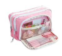 Joucien Trousse à crayons avec fenêtre sur le devant, trousse simple multicouche, couleur unie pour l'école primaire, sac de rangement pour papeterie - tissu à mémoire de forme, fenêtre avant rose