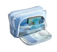 Joucien Trousse à crayons avec fenêtre sur le devant, trousse simple multicouche, couleur unie pour l'école primaire, sac de rangement pour papeterie - tissu à mémoire de forme, fenêtre avant bleue