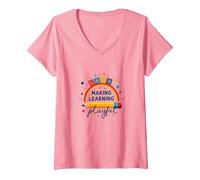 Jouer C'est Apprendre Un Enseignant Qui Fait de l'apprentissage Un Arc-en-Ciel ludique T-Shirt avec Col en V, Femme, Rose, M
