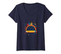 Jouer C'est Apprendre Un Enseignant Qui Fait de l'apprentissage Un Arc-en-Ciel ludique T-Shirt avec Col en V, Femme, Bleu Marine, S