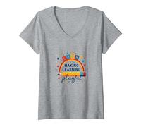Jouer C'est Apprendre Un Enseignant Qui Fait de l'apprentissage Un Arc-en-Ciel ludique T-Shirt avec Col en V, Femme, Gris Chiné, S