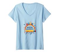 Jouer C'est Apprendre Un Enseignant Qui Fait de l'apprentissage Un Arc-en-Ciel ludique T-Shirt avec Col en V, Femme, Bleu Céleste, M