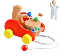 Jouet à tirer - Chariot à tambour avec ours en bois - Jouets pour qui marchent - pour garçons préscolaires, jeu maison, anniversaire, fête, salon, chambre, jardin