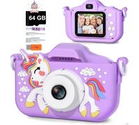 Jouet Appareil Photo Enfant, FiveFine Licorne Appareil Photo Numérique 2.0 Pouces HD 1080P Caméra Selfie avec 64G SD Carte, Violet