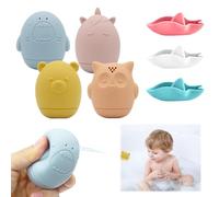Jouet Bain Bébé, 7 pcs Jouets de Bain en Silicone avec Ouverture, Jouets à Presser Sensoriels avec Bateaux Empilables, Jouet Bain pour Le Bain Piscine La Plage Bebe Enfant