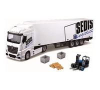 BBURAGO 1/43 Street Fire - Camion Avec Remorque Mercedes Benz Actros Sedis Logistics + Chariot Élévateur + 4 Accessoires