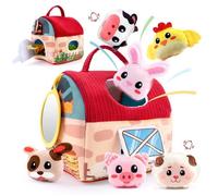 Jouet Bebe 6 Mois Animaux de la Ferme en Peluche, Jeux Montessori avec Grange, Hochets, Miroirs Jouet Sensoriel Bebe 0-6 Mois