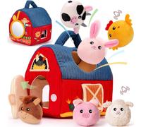 Jouet Bebe 6 Mois Animaux de la Ferme en Peluche, Jouet Peluche Bebe avec 6 Animaux et Miroir, Jeux Montessori avec Grange, Hochets, Cadeau Bebe Enfant 3 6 9 12 18 Mois Garçon Fille