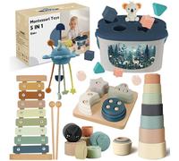 Jouet Bebe 6 Mois et Plus,5 en 1 Jouet Montessori,Jeux Sensoriel Bebe avec Tri de Formes et Empilement,Xylophone,Jeu de Corde à Tirer silicone,Gobelets Empilables,Cadeau Bébé 6 9 12 Mois 1 2 3 Ans
