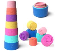Jouet Bebe Gobelets Empilables pour 3, 6, 12 Mois, Silicone Jouet Doux et Dentaire, avec Gravures de Créatures Marines Uniques et Chiffres, Jeu de Bain, Jeux Bebe Cadeau pour 1 Ans Garçons Filles