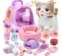 Jouet Chat Interactif Enfant, Peluche Chat Animaux Électronique Qui Marche et Miaule, Robot Chat avec Boîte de Transport à Roulettes & Accessoires, Jeu de Role Cadeau Fille Garçon 3 4 5 6 7 8 Ans