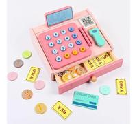 Jouet de caisse en bois pour enfants avec scanner d'argent fictif Carte bancaire Pretend Game Jouet alimentaire pour cadeaux préscolaires Enfants Supermarché Caisse