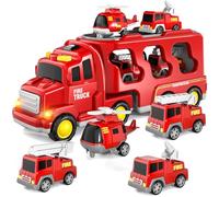 Jouet de camion de pompier 5 en 1 pour enfants, transporteur à friction avec 4 véhicules de pompiers, jouet à partir de 1, 2, 3 ans, pour garçons et filles avec lumières et sons pour tout-petits 4 5 6