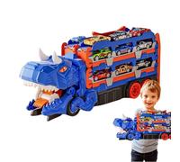 Jouet de camion dinosaure - 15,75 x 6,69 x 4,1 pouces - Transporteur de dinosaure transformable - Kit de jeu polyvalent avec 18 voitures comme cadeau d'anniversaire et aventure