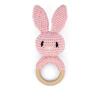 Jouet de dentition en bois fait à la main pour bébé - Jouets à mâcher gratuits - Fil de coton - Hochet animal tricoté - Support en silicone pour nouveau-né