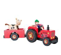 Jouet de la ferme Tracteur avec remorque en bois rouge et figurines