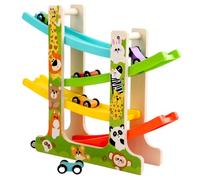 Jouet de Piste de Course de Voitures en Bois avec 6 Mini Voitures, Toboggan à 4 Niveaux et Design créatif pour l'apprentissage et Le Plaisir des Enfants