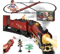 Jouet De Train Électrique À Vapeur, Train Electrique avec Fumé, Lumières et Son, Ensemble de Jouets de Noël avec Télécommande, Moteur de Locomotive à Vapeur, Wagons Fret et Voies pour Enfants 3+ Ans