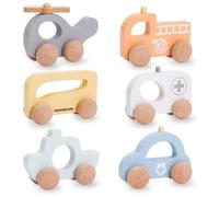 Jouet D'éveil Sensoriel Bébé, 6 Voitures Miniature en bois- Durable, Couleurs Douces, Manipulation facile, Différents Véhicules