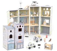 Jouet d'imitation en bois- Caserne de pompiers- Poste de Police- Policier, Criminel, Pompier, Chien hélicoptère, Camion, Voiture