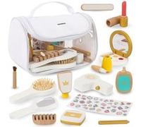 Mamabrum Kit Maquillage Enfant en Bois, 15 Pièces avec Trousse - Accessoires Jouet Cosmétique pour Filles 3+ Ans - Sèche-Cheveux, Miroir, Parfum - Jeu de Rôle