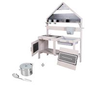 roba Cuisine Extérieure pour Enfants en Bois Massif - avec Cuisinière, Four, Évier en Plastique, Réservoir à Eau et Accessoires - Idéale de 18 Mois à 8 Ans - Gris Clair