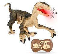 Jouet Dinosaure Télécommandé Enfants, Dinosaure Télécommandé Vélociraptor Réaliste avec LED Lumineux, Rechargeable, Marchent et Rugissent, pour Les Garçons Filles âgés de 3 4 5 6 7 8 (Brun)