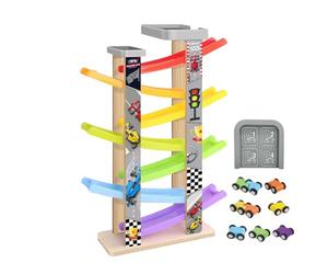 Jouet éducatif sur piste de voiture, ensemble de course sur rampe à 7 niveaux, ensemble de jeu d'apprentissage de la motricité fine avec construction en plastique durable, système de glissière de véhi