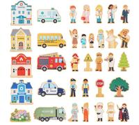 Jouet en bois de ville - Figurines professionnelles - Jouet éducatif | Bâtiments, véhicules et accessoires ; à partir de 3 ans ; favorise la motricité fine, la créativité et le jeu de rôle ; peut