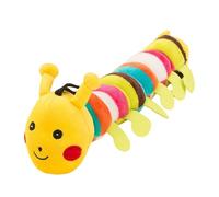 Jouet en peluche coloré pour chien en forme de chenille avec visage | Le corps long segmenté dispose de bandes arc-en-ciel vives, de petites jambes et d'un visage jaune amical pour un intérieur
