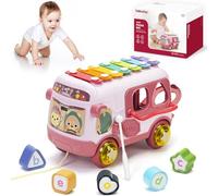 Jouet Fille 1 an, Jouets Bebe 12 à 18 Mois Bus Musicaux Sensoriel avec Xylophone, Trieur de Formes Jouet éducatif précoce, Cadeaux pour Les Enfant 12 Mois+ Rose