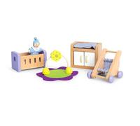 Jouet Hape - Ensemble Chambre de Bébé pour Maison de Poupée en Bois - Accessoires Chambre Bébé en Bois Berceau, Table à Langer, Pousette, Coffret 8 Pièces - Fille et Garçon à partir de 3 Ans