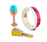 Jouet Hape - Ensemble de Percussions Junior - Ensemble Instruments de Musique en Bois pour Bébé : Tambourin, Maraca, Mailloche - 1 an et Plus - Instruments à Percussion pour Enfants et Bébé