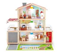 Jouet Hape Maison de Poupée en Bois - Famille de 4 Poupées Inclues avec 10 Pièces en Bois avec Lampes Amovibles et Sonnette - Jeu pour Enfant de 3 Ans et Plus