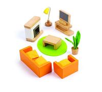 Jouet Hape - Salon Multimédia Hape pour Salon de Maison de Poupée - Meubles Maison de Poupée et Accessoires pour Salon en Bois - Mobilier et Décoration - Enfant à partir de 3 Ans - Coffret 12 Pièces