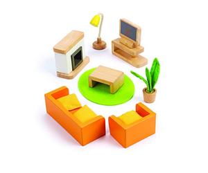 Jouet Hape - Salon Multimédia Hape pour Salon de Maison de Poupée - Meubles Maison de Poupée et Accessoires pour Salon en Bois - Mobilier et Décoration - Enfant à partir de 3 Ans - Coffret 12 Pièces
