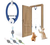 Jouet interactif pour chat d'intérieur - Rechargeable par USB - À suspendre à la porte - Jouet rétractable automatique - Jouet électronique à plumes - Avec 3 souris à herbe à chat - Bleu foncé