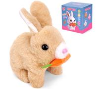 Jouet interactif pour lapin rebondissant, petit lapin, doudou qui fait du bruit et fait bouger les oreilles et le nez - Lapin en peluche pour cadeaux de Pâques (marron clair + boîte cadeau)