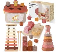 Jouet Montessori 5-en-1 - ZUUKO - Bébé 6-12 mois - Xylophone en bois - Cubes à empiler - Trieur de formes