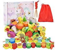 Jouet Montessori à partir de 2 ans - 42 pièces jeu d'enfilage de perles en bois - Jouet pédagogique en bois (animaux, fruits, légumes) - Pour enfants de 1 à 4 ans - Jeu de motricité fine
