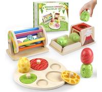 Jouet Montessori en Bois pour Bébé - Set d’Œufs de Dinosaure 6 Mois+ Filles Garçons, Tambour Rotatif, Boîte de Permanence de l’Objet, Puzzle Empilable, Cadeau d’Éveil pour Tout-Petits 1 2 3 (vv)